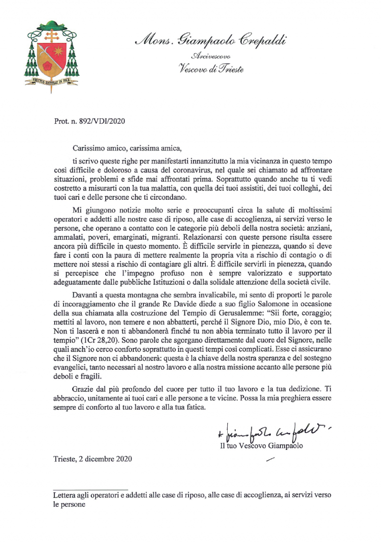 Lettera Al Vescovo Per La Cresima Lettera del Vescovo agli operatori e addetti alle case di riposo, alle
